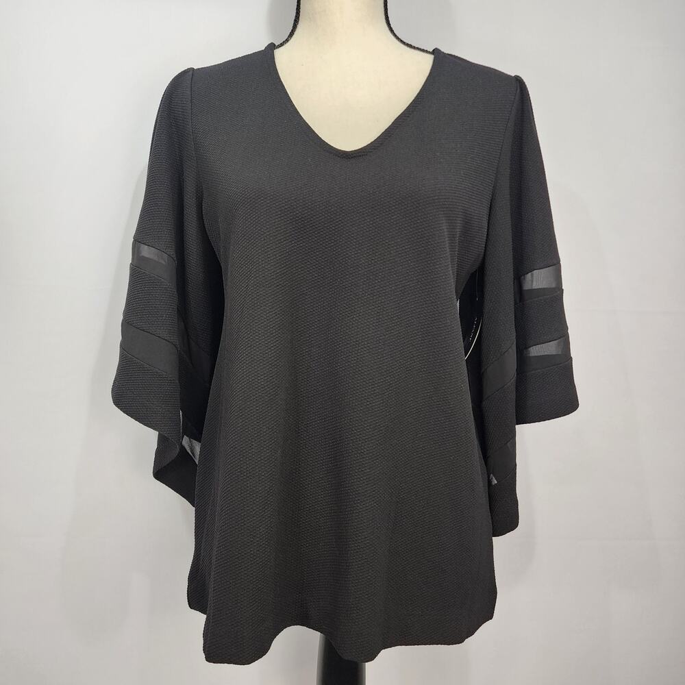 🆕️ Alfani Colbalt Breeze Black Illusion V-neck Bell Sleeve Blouse S